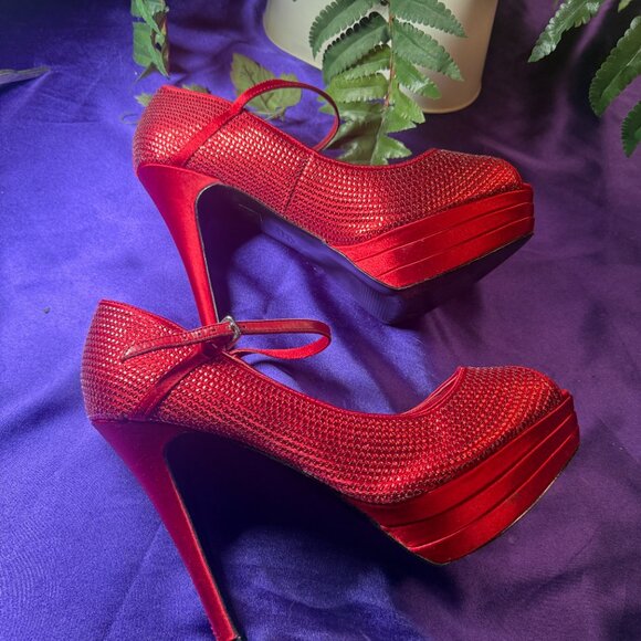 📌Michael Adelia Red Sparkle 5" High Heel Open Toe Pumps w/Straps  Worn Once 10M - Picture 7 of 15